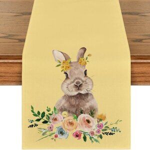 Easter Bunny Table Runner Yellow Seasonal Spring Flowers Holiday Kitchen 13x72
